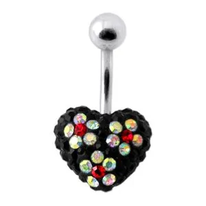 Black Crystal stone Heart With Mix Color Flower SS Banana Bar Belly Ring