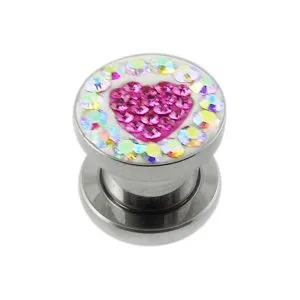 SS Screw Fit Crystal Pink Heart Ear Flesh Tunnel