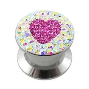 SS Screw Fit Pink Crystal Heart Ear Flesh Tunnel