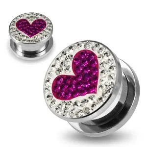 316L surgical steel Purple Heart on Clear Background CZ Jeweled Tunnel