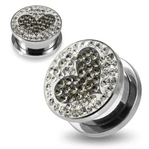 316L surgical steel Grey Heart on Clear Background CZ Jeweled Tunnel