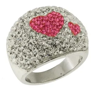White Crystal With Red Heart Brass Finger Ring 
