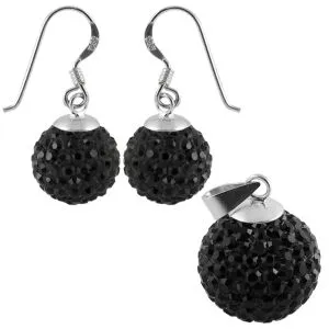 Black Crystal Stone Silver Jewelry Earring Pendant Set