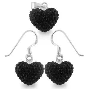 Black Crystal Stone Heart Silver Earring Pendant Set