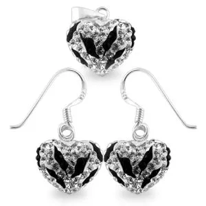 Black Crystal Stone Heart Silver Earring Pendant Set 