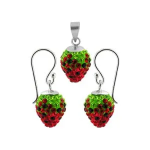 Red And Green Crystal stone Studded Silver Red Cherry Jewelry Set