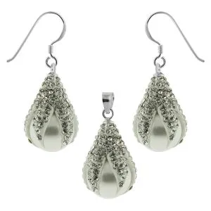 Multi White Crystals Dragon Claw Setting over Synthetic Pearl 925 Sterling Silver Set Jewelry