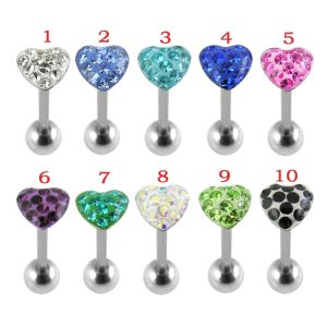 SS Tongue Barbell With Heart Crystal Top