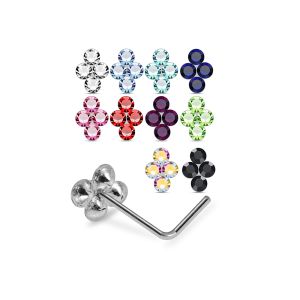 Color assortment of 4-stone flower cluster 925 sterling silver L-bend nose studs in various jeweled colors.