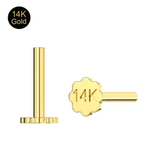 14K Solid Yellow Gold Internally Threaded Flower Flat Back Labret Post | 16G