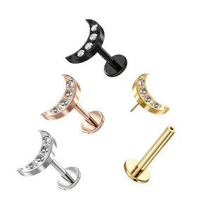 G23 Grade Titanium CZ Jeweled Crescent Tragus Top Push Fit With Flat Back Labret