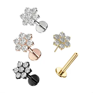 G23 Grade Titanium CZ Jeweled Flower Design Tragus Top Push Fit With Flat Back Labret