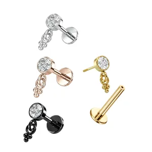 G23 Grade Titanium CZ Jeweled Tragus Top Push Fit Triple Dangling Balls With Flat Back Labret