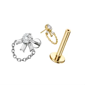 G23 Grade Titanium CZ Jeweled with Linked Chain Fancy Design Tragus Top Push Fit with Flat Back Labret