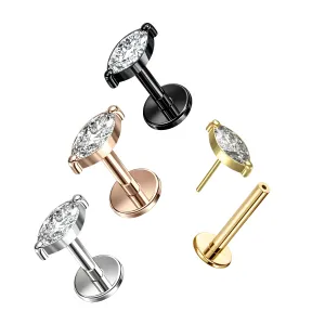 G23 Grade Titanium Marquise CZ Jeweled Tragus Top Push Fit With Flat Back Labret