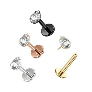 G23 Grade Titanium Tear Shape CZ Threadless  Push Fit Top  Push Fit With Flat Back Labret