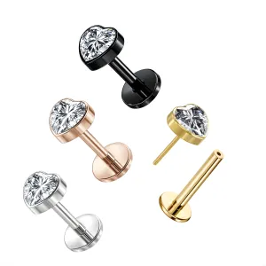 G23 Grade Titanium Threadless Heart CZ Jeweled Tragus Top Push Fit With Flat Back Labret