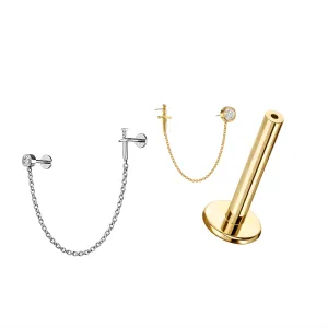 G23 Grade Titanium Two Hole Piercing Chain with Round and Dagger Design Tragus Top Push Fit with Flat Back Labret