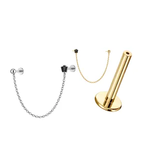 G23 Grade Titanium Two Hole Piercing Chain with Round and Triple Stone Tragus Top Push Fit with Flat Back Labret
