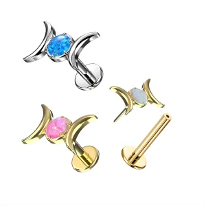 Wholesale G23 Titanium Threadless Labret body jewelry - Crescent Moon Opal Design - Gold color Aurora opal