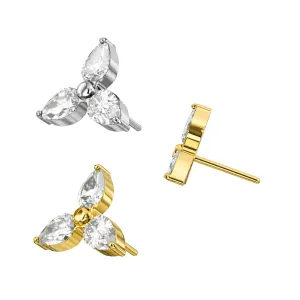 Wholesale G23 Titanium Threadless Pin Top- Triple CZ Jeweled Design - Gold plated