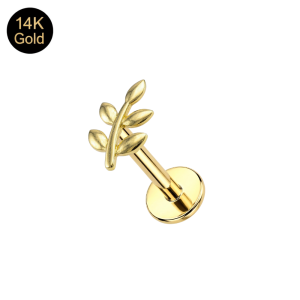 14K Solid Gold Internally Threaded Laurel Leaves Labret Piercing | 16G