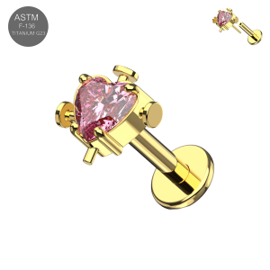 ASTM F-136 Implant Grade G23 Titanium Threadless Pink Heart CZ Top with Labret