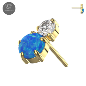 ASTM F-136 Titanium Gold PVD Dark Blue Opal and Clear CZ Peanut Duo Threadless Top (TST104).
