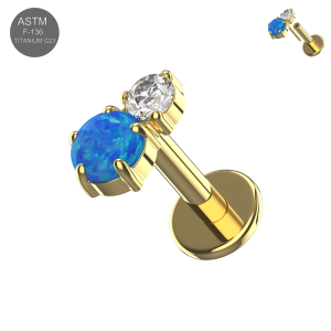 ASTM F-136 Titanium Gold PVD Dark Blue Opal and Clear CZ Peanut Duo Threadless Labret Complete Set (ETP286).