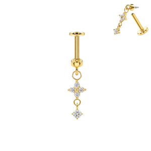 Gold PVD 316L surgical steel four-petal flower dangle internal thread flat back labret with clear cubic zirconia.