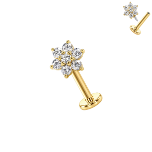 Gold PVD coated surgical steel CZ flower cluster labret piercing jewelry ETP310.