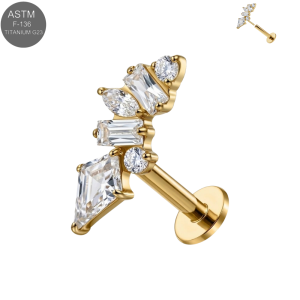 Gold PVD ASTM F-136 titanium ascending CZ cluster complete threadless labret for 18G and 16G flat back post styling.