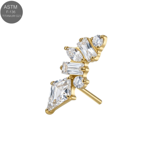 Gold PVD ASTM F-136 titanium ascending CZ cluster threadless jewelry top for universal 18G and 16G push-fit labret posts.