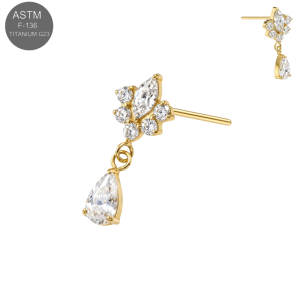 Gold PVD coated ASTM F-136 titanium marquise CZ flower threadless piercing top TST177.