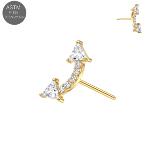 Gold PVD coated ASTM F-136 titanium triangle CZ arc cluster threadless piercing top TST192