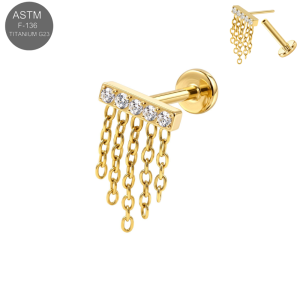 ASTM F-136 Titanium Bar CZ with Multi Chain Tassel Dangle Threadless Labret (18G/16G)
