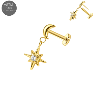 Gold PVD implant grade titanium threadless flat back labret displaying a crescent moon top with a dangling North Star CZ charm for premium celestial ear styling.