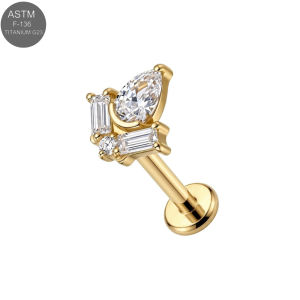 Gold PVD ASTM F-136 titanium crown CZ cluster complete threadless labret for 18G and 16G flat back post styling.