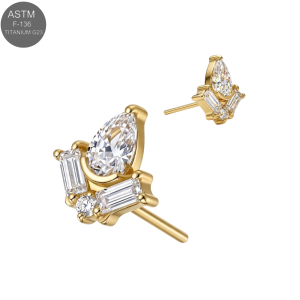 Gold PVD ASTM F-136 titanium crown CZ cluster threadless top with clear pear, baguette, and round CZ accents for universal 18G and 16G push-fit labret posts.
