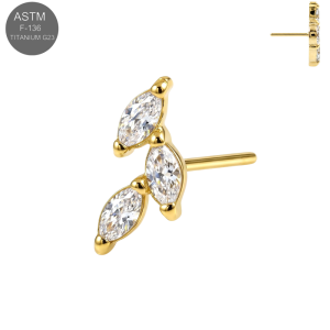 Gold PVD ASTM F-136 Titanium threadless top featuring a curved cluster of three marquise cubic zirconia stones.