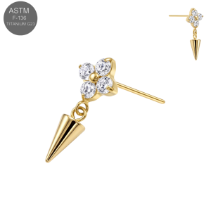 Gold PVD titanium threadless 4-crystal flower with cone spike dangle TST187.