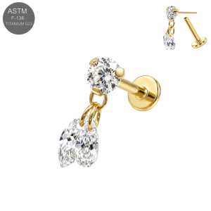 Gold PVD titanium Duo Drop CZ Dangle Threadless Labret with clear cubic zirconia stones and flat back post.