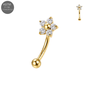 ASTM F-136 Titanium Five-Petal CZ Flower External Thread Curved Barbell | 16G