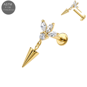 Anodized yellow gold PVD vacuum treated implant grade titanium threadless cartilage labret displaying a clean alternative flower cluster crown set with a sharp center spike.