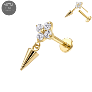 Rich gold PVD coated implant grade titanium threadless cartilage labret displaying a white cubic zirconia crystal flower cluster connected to a fluid hanging drop cone spike.