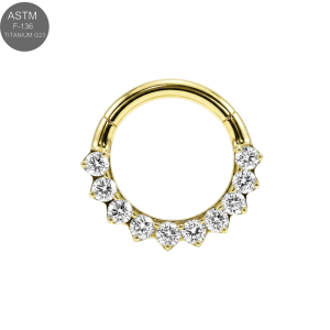 Gold PVD coated G23 titanium hinged clicker ring with brilliant forward-facing CZ jeweled accents.