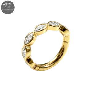 Gold PVD coated G23 titanium marquise CZ eternity hinged clicker featuring brilliant bezel-set stones.