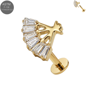 Gold PVD ASTM F-136 titanium ginkgo fan CZ cluster complete threadless labret for 18G and 16G flat back post styling.