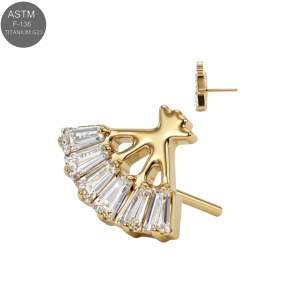 Gold PVD ASTM F-136 titanium ginkgo fan CZ cluster threadless jewelry top for universal 18G and 16G push-fit labret posts.