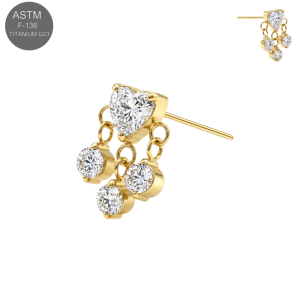 Gold PVD titanium threadless top featuring heart CZ and triple chain dangles TST189.